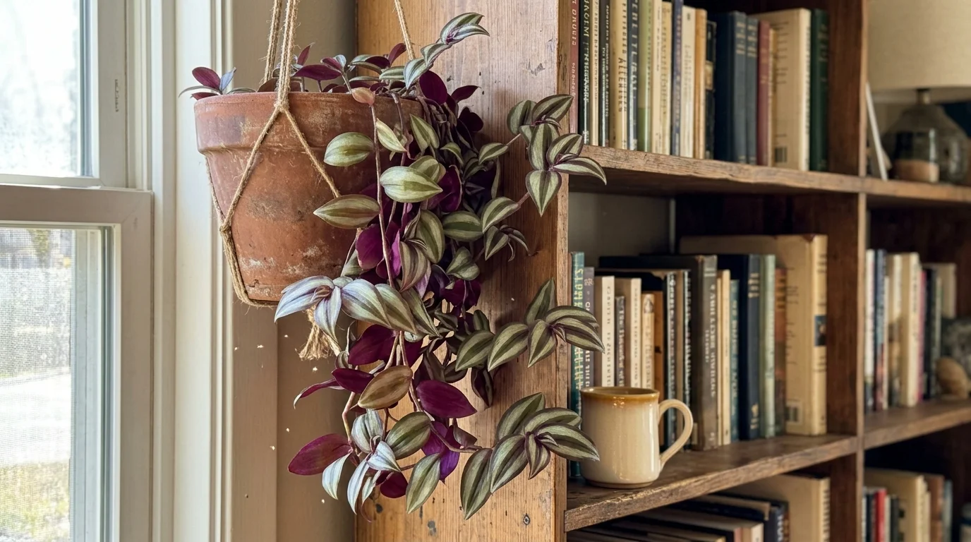 A trailing purple and silver Inch Plant cascades from a hanging terracotta pot near a sunlit window.