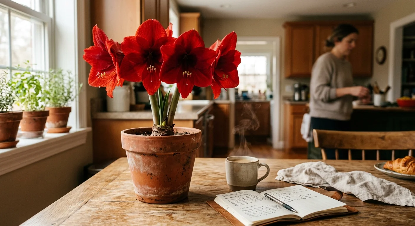 A vibrant red amaryllis blooming in a terracotta pot on a rustic wooden table next to a steaming coffee mug.