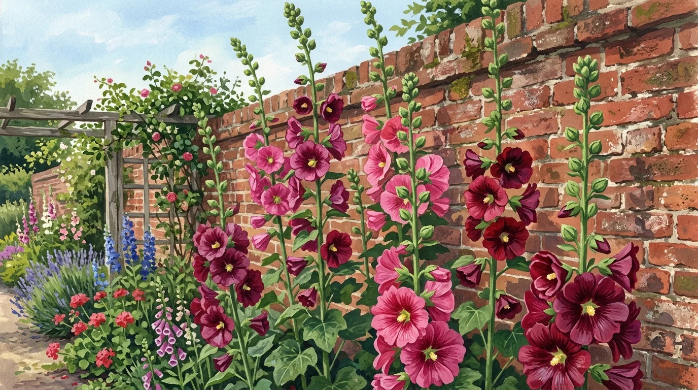 A warm gouache painting of tall pink and burgundy hollyhocks blooming against a weathered red brick wall.