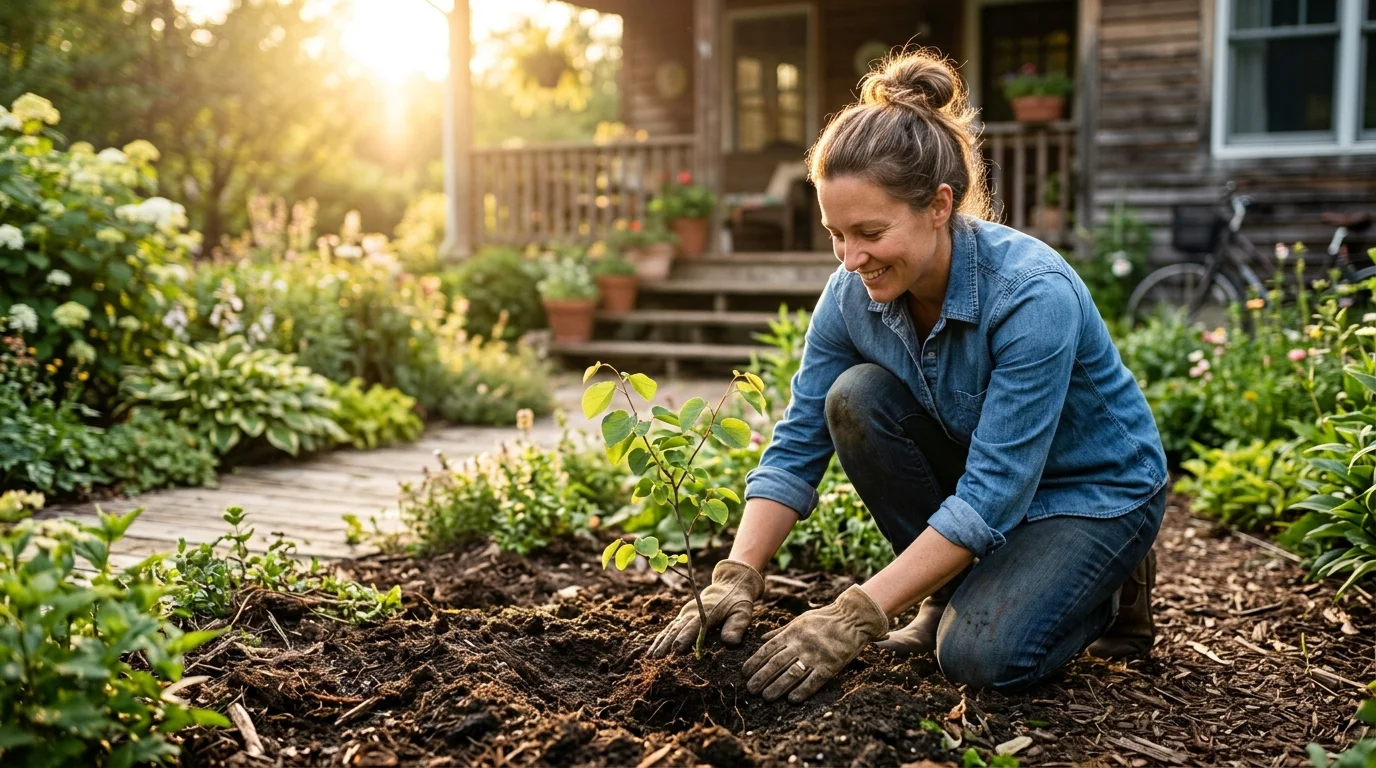 A warm photograph of a gardener planting a native Eastern Redbud tree in a sunny, well-spaced garden bed.