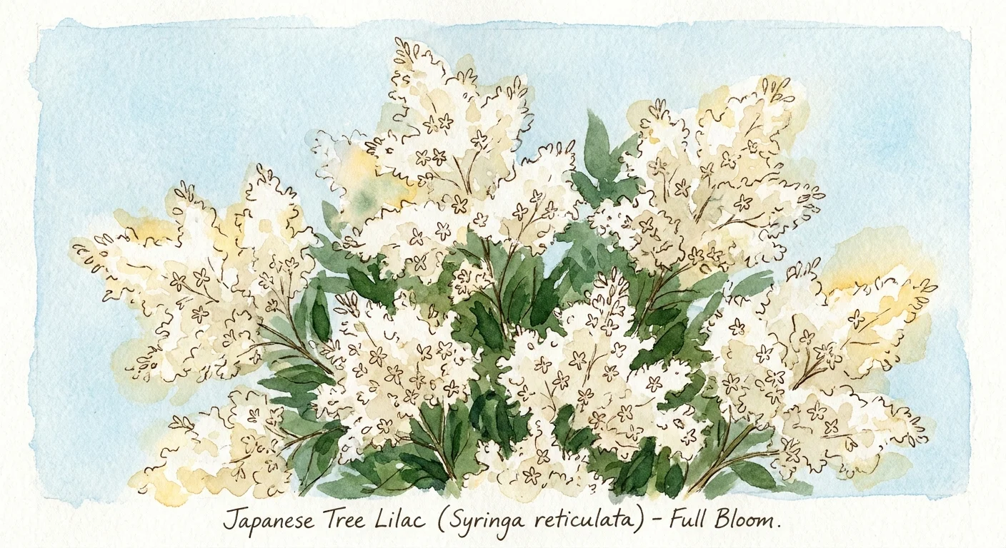 A watercolor illustration of cloud-like, creamy white Japanese Tree Lilac flower plumes against a light blue sky.