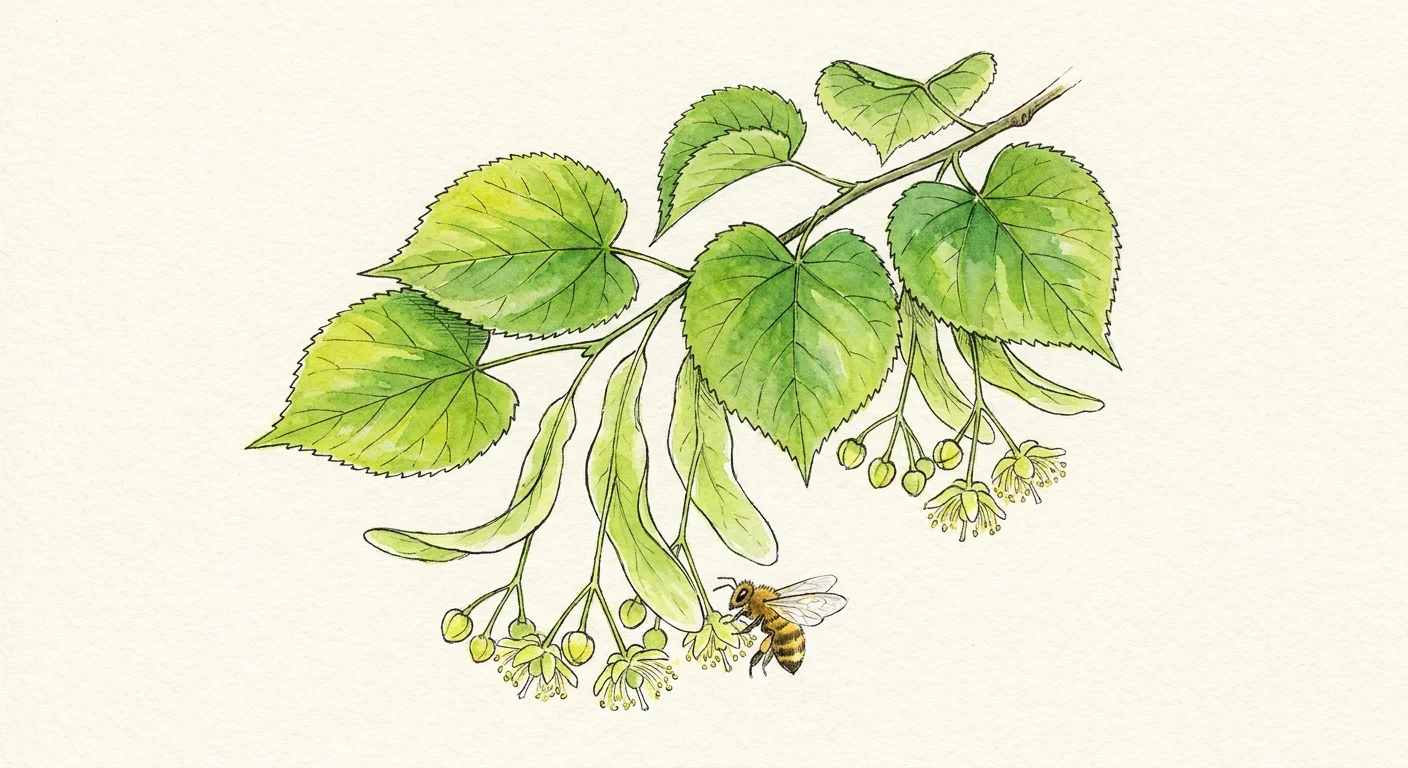 A watercolor illustration of heart-shaped Littleleaf Linden leaves, pale yellow flowers, and a honeybee.