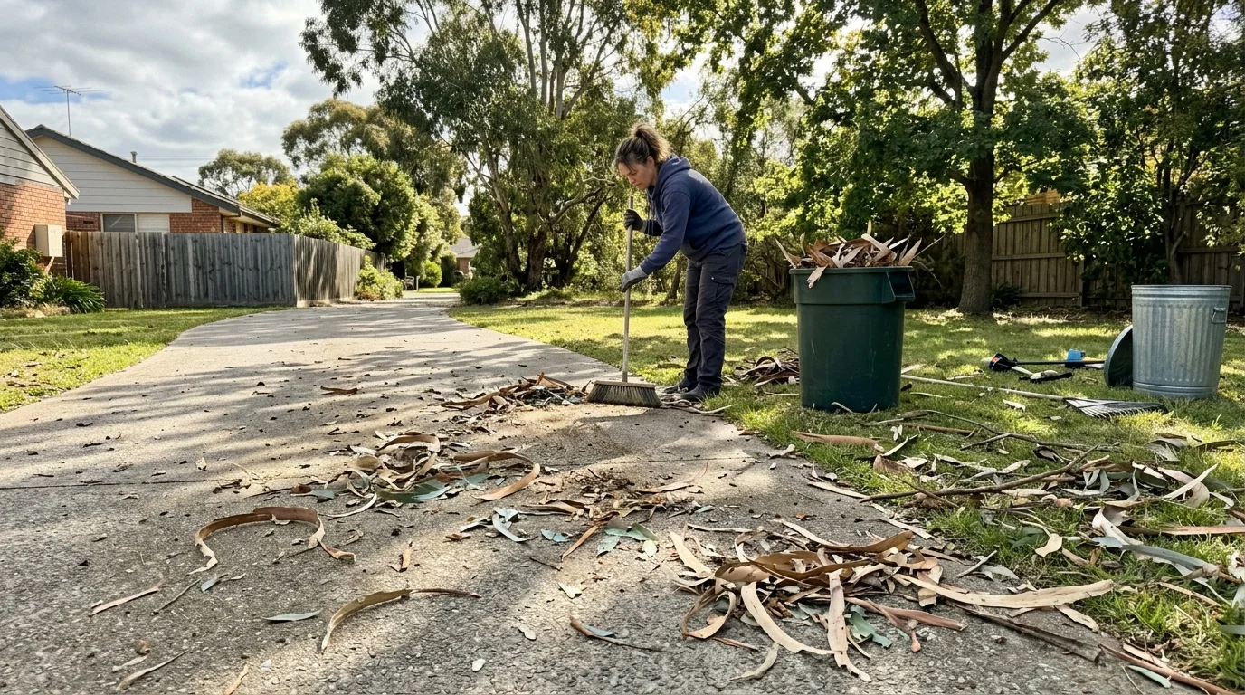A wide documentary-style photograph of a concrete driveway littered with peeling Eucalyptus bark and oily leaves.