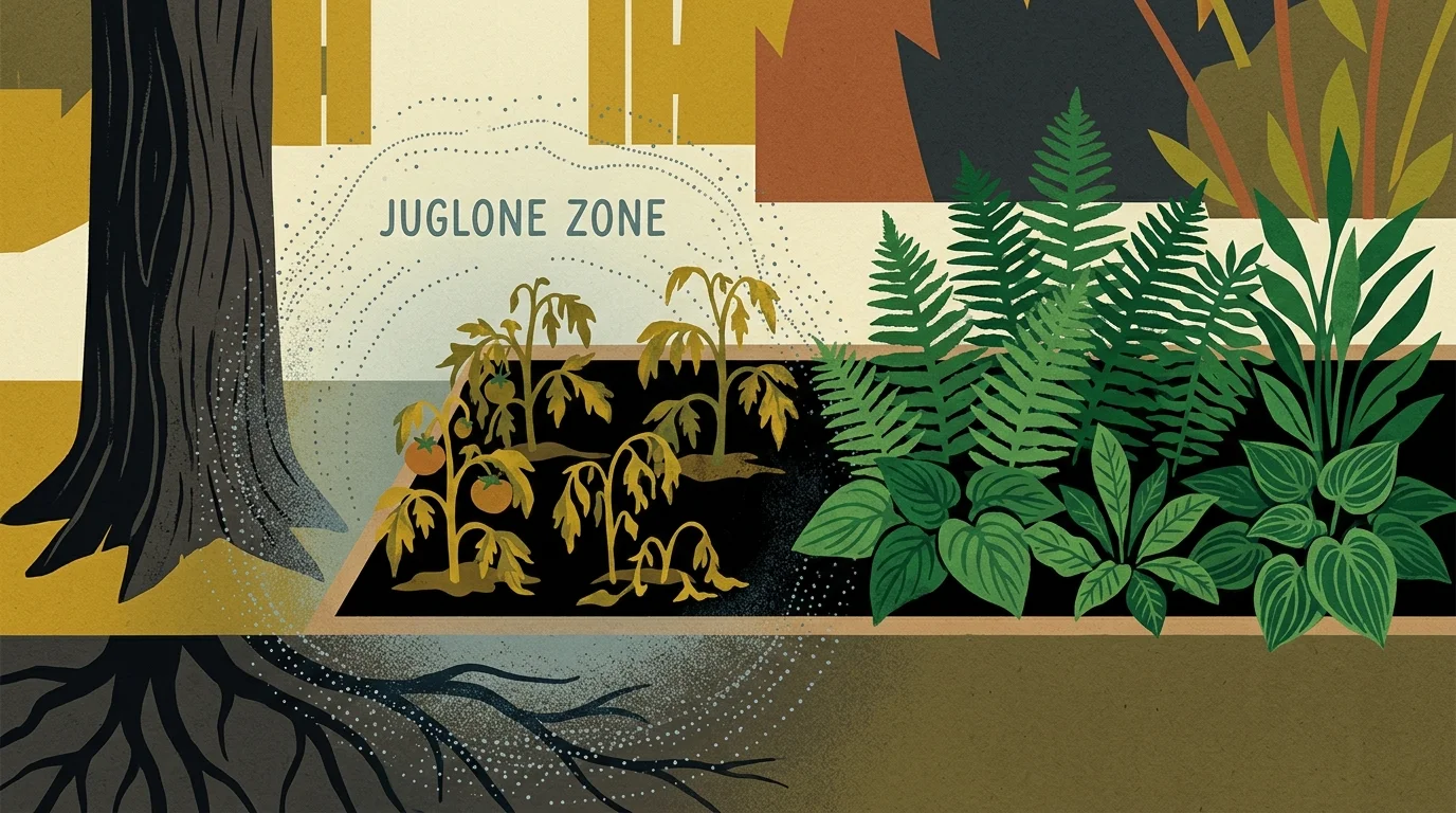 An editorial illustration of a garden showing tomato plants wilting near a Black Walnut tree due to the chemical juglone.
