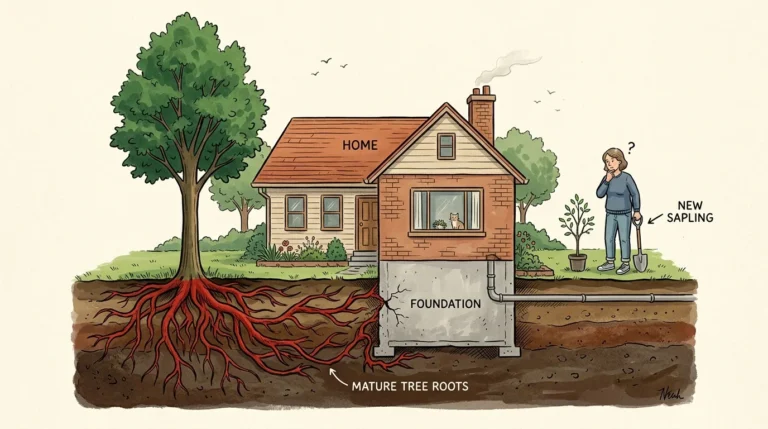 An editorial illustration showing a beautiful tree with destructive roots creeping underground toward a house's foundation.