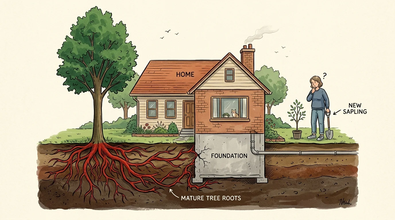 An editorial illustration showing a beautiful tree with destructive roots creeping underground toward a house's foundation.
