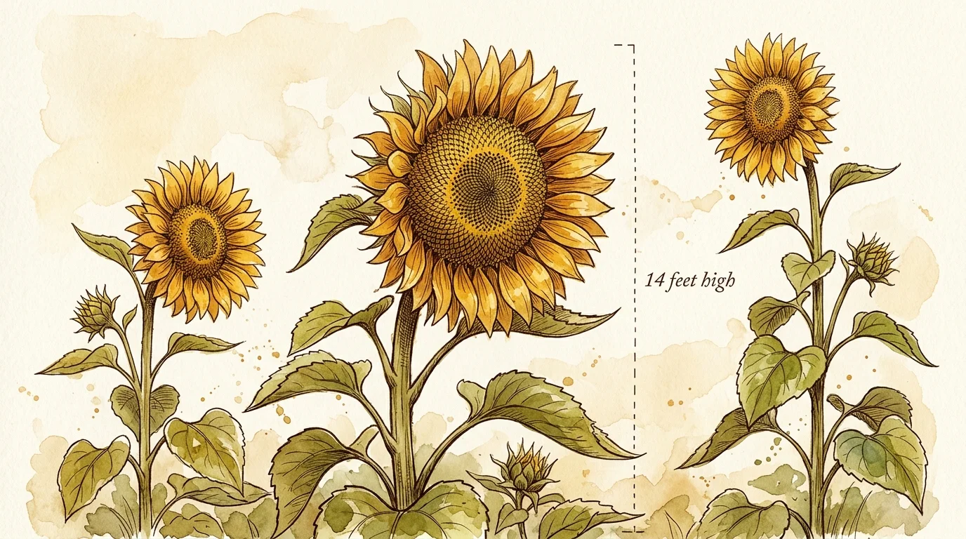 An elegant watercolor and ink illustration of tall giant sunflowers, featuring detailed seed heads and a height scale marker.