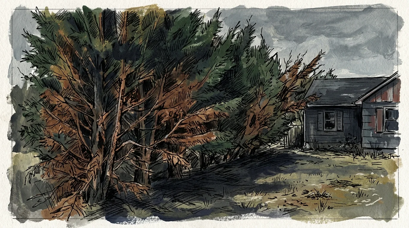 An illustration of a row of Leyland Cypress trees browning and dying from the inside, showing patchy, dry branches.