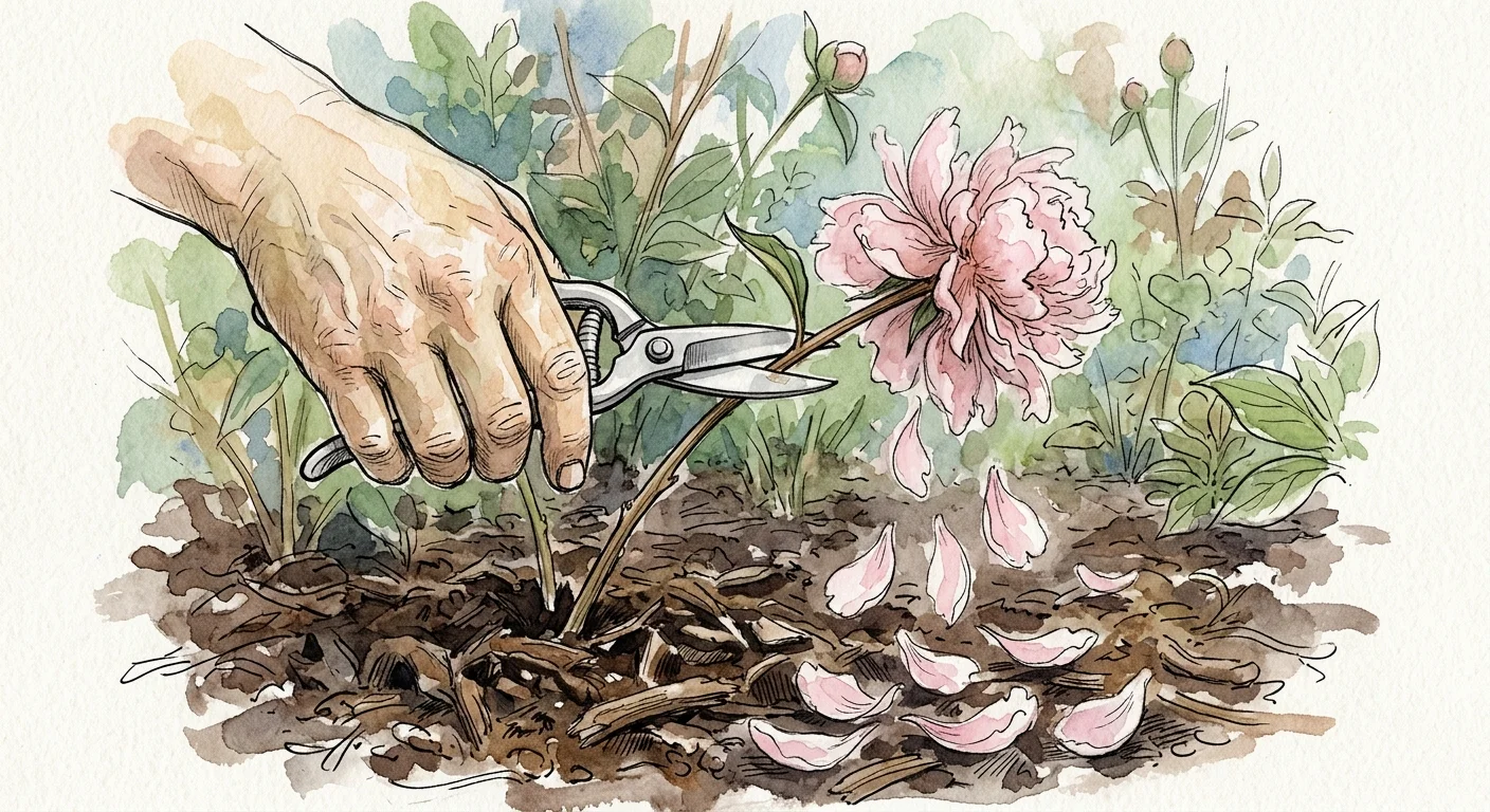 An ink and watercolor illustration of a hand deadheading a fading pink peony with garden snips over a mulched bed.