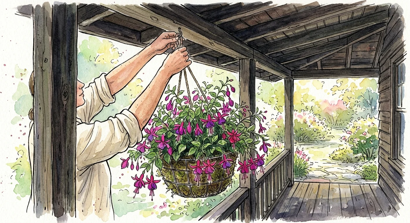 An ink and watercolor illustration of a hanging basket of pink fuchsia flowers being moved into the shade of a porch.