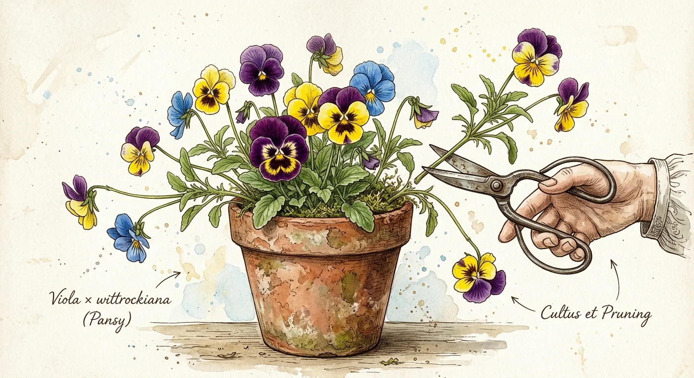 An ink and watercolor illustration of a terracotta pot of pansies being trimmed with metal garden shears.