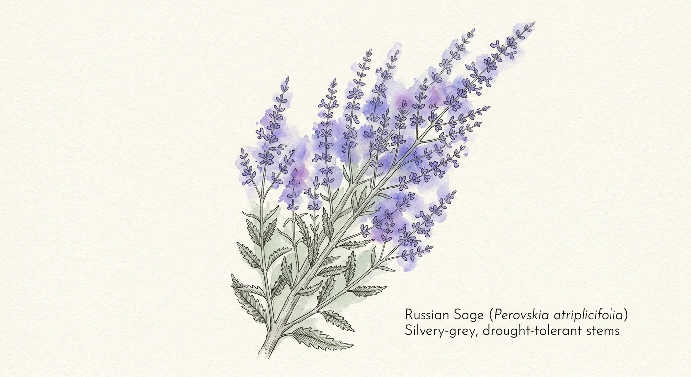 Botanical watercolor and ink sketch of Russian Sage showing its tall, silvery-grey stems and hazy lavender-blue flowers.