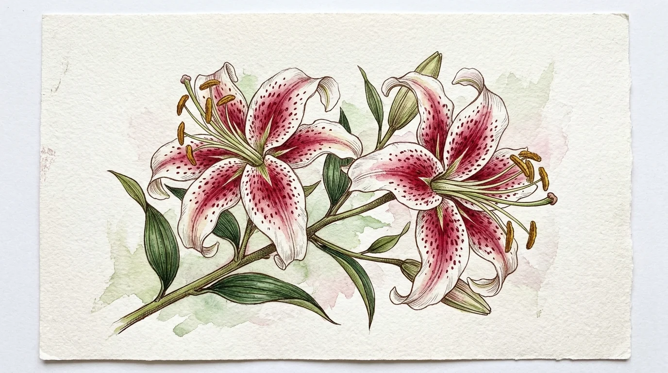Botanical watercolor of white Oriental Lilies speckled with pink and crimson, showing long elegant stamens.