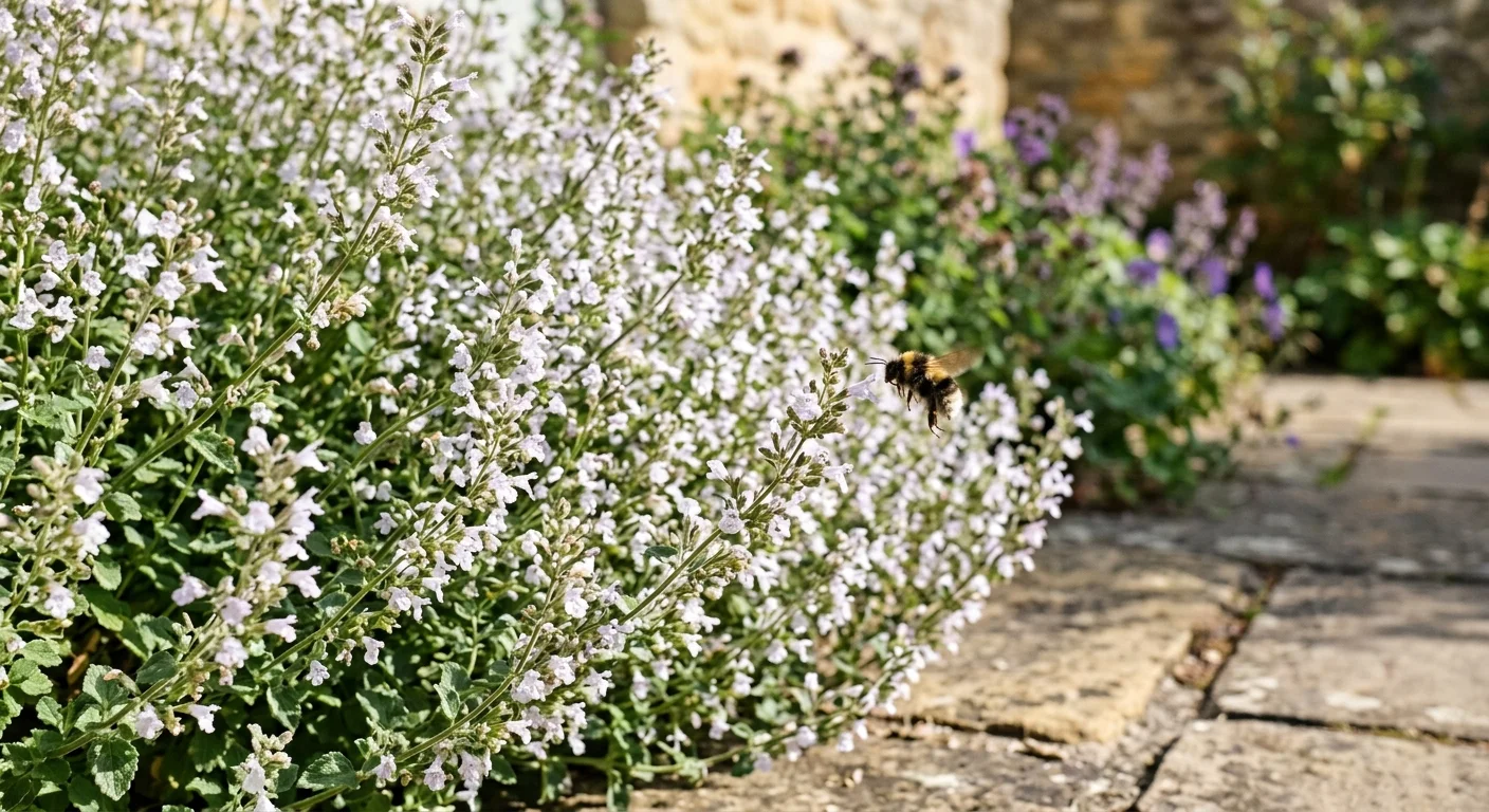 Close-up of a Lesser Calamint plant covered in tiny white-lilac flowers with a native bee hovering nearby.