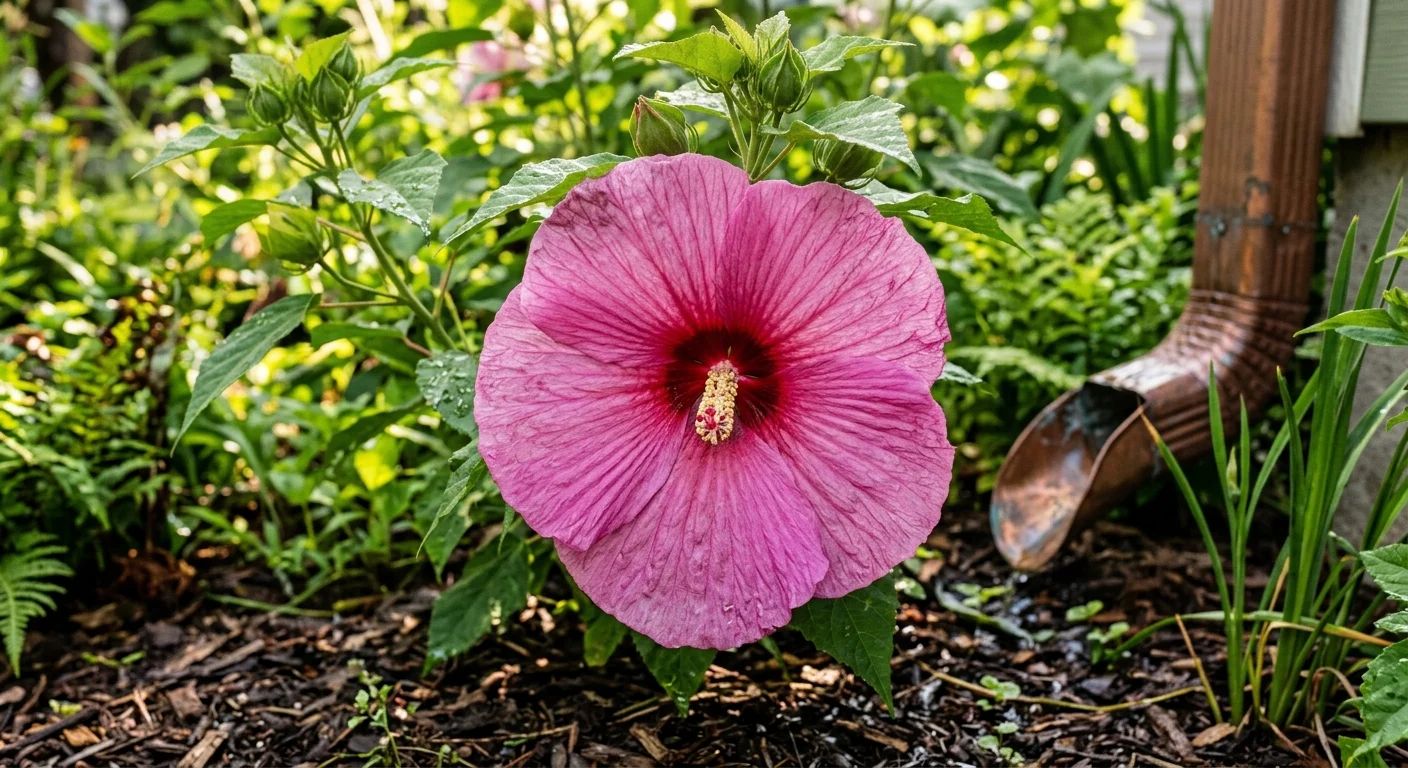 Close-up of a massive pink hardy hibiscus flower with a dark red center, surrounded by green leaves and dark mulch.