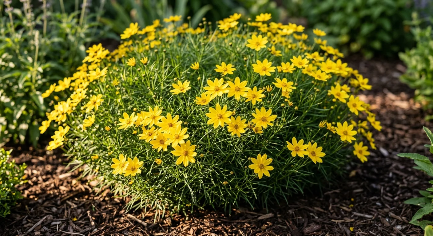 Detailed close-up of bright yellow Threadleaf Coreopsis flowers blooming over fine, needle-like green foliage.