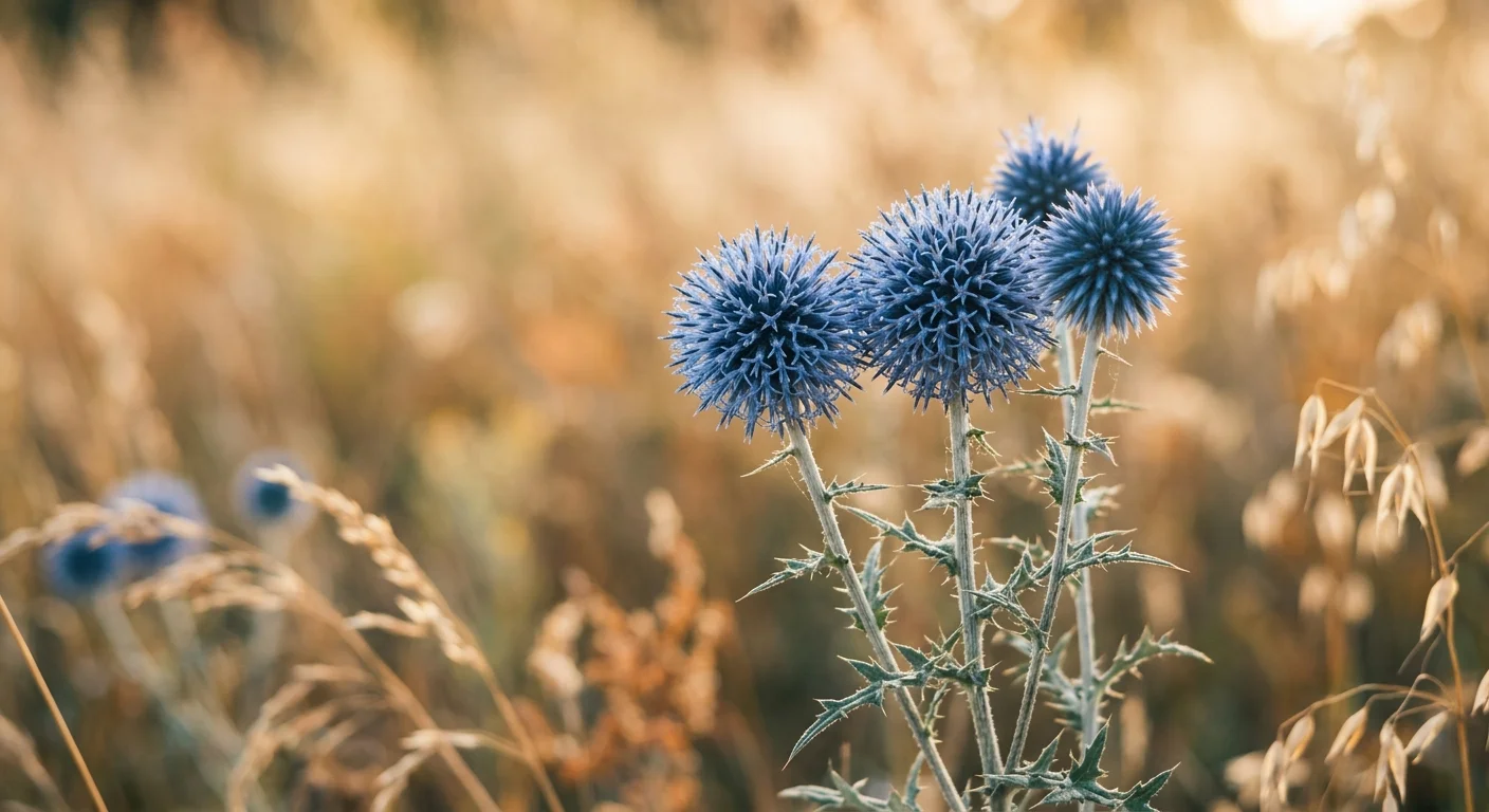 Detailed close-up photo of spherical, steel-blue globe thistle flowers against a golden-hour background.