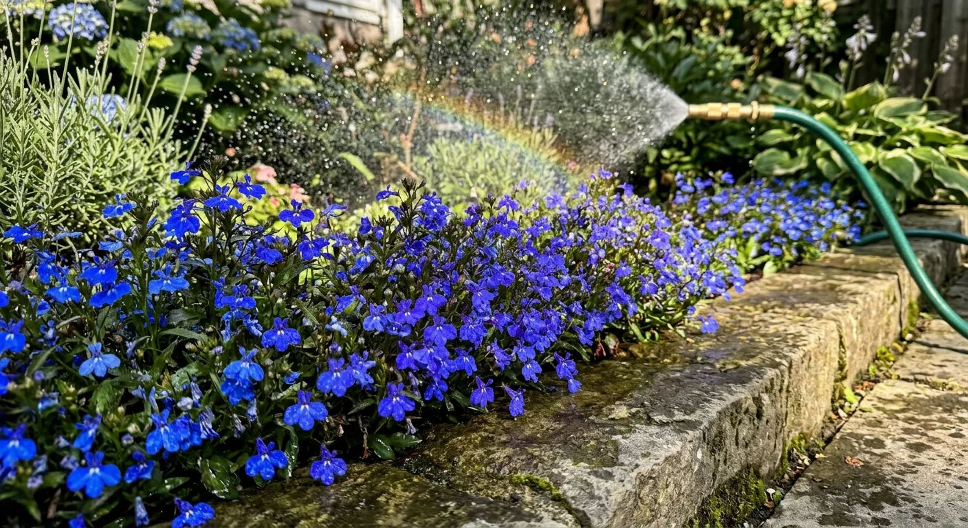 Electric blue lobelia flowers being misted by a fine water spray from a garden hose in sunny weather.