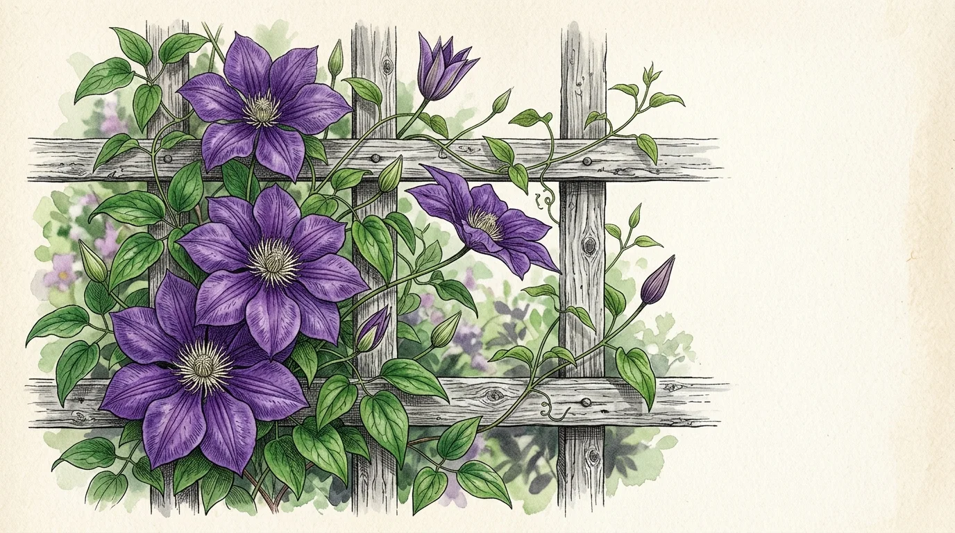 Elegant watercolor and ink illustration of large purple clematis flowers climbing a weathered wooden trellis.