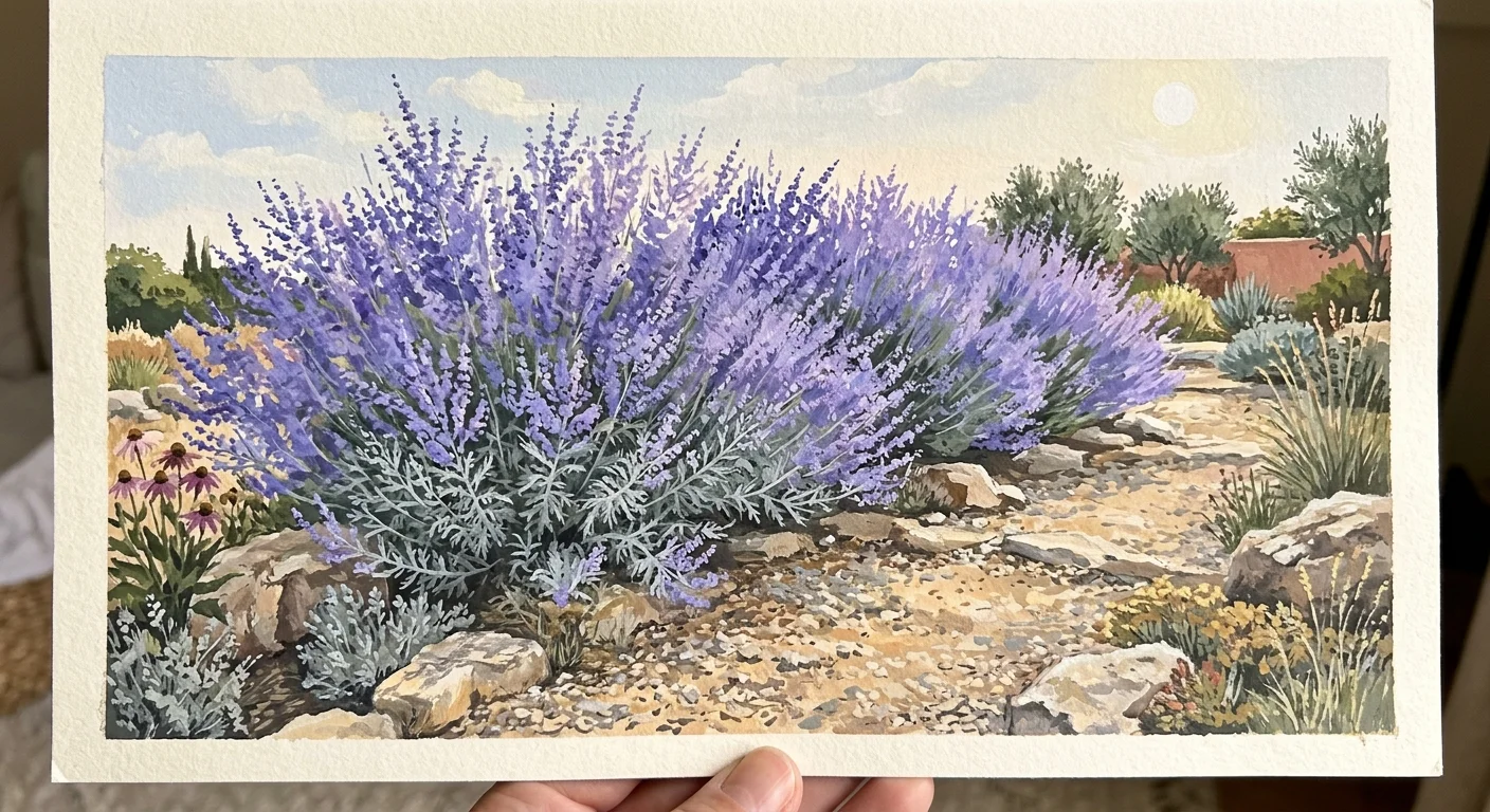 Gouache painting of a cloud of violet-blue Russian Sage growing in a gravel garden with silver-grey leaves.