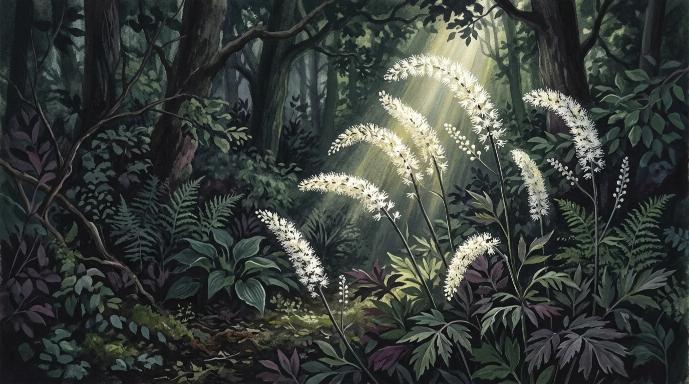 Gouache painting of tall, glowing white bottle-brush spikes of bugbane in a shady, dark-leaved woodland setting.