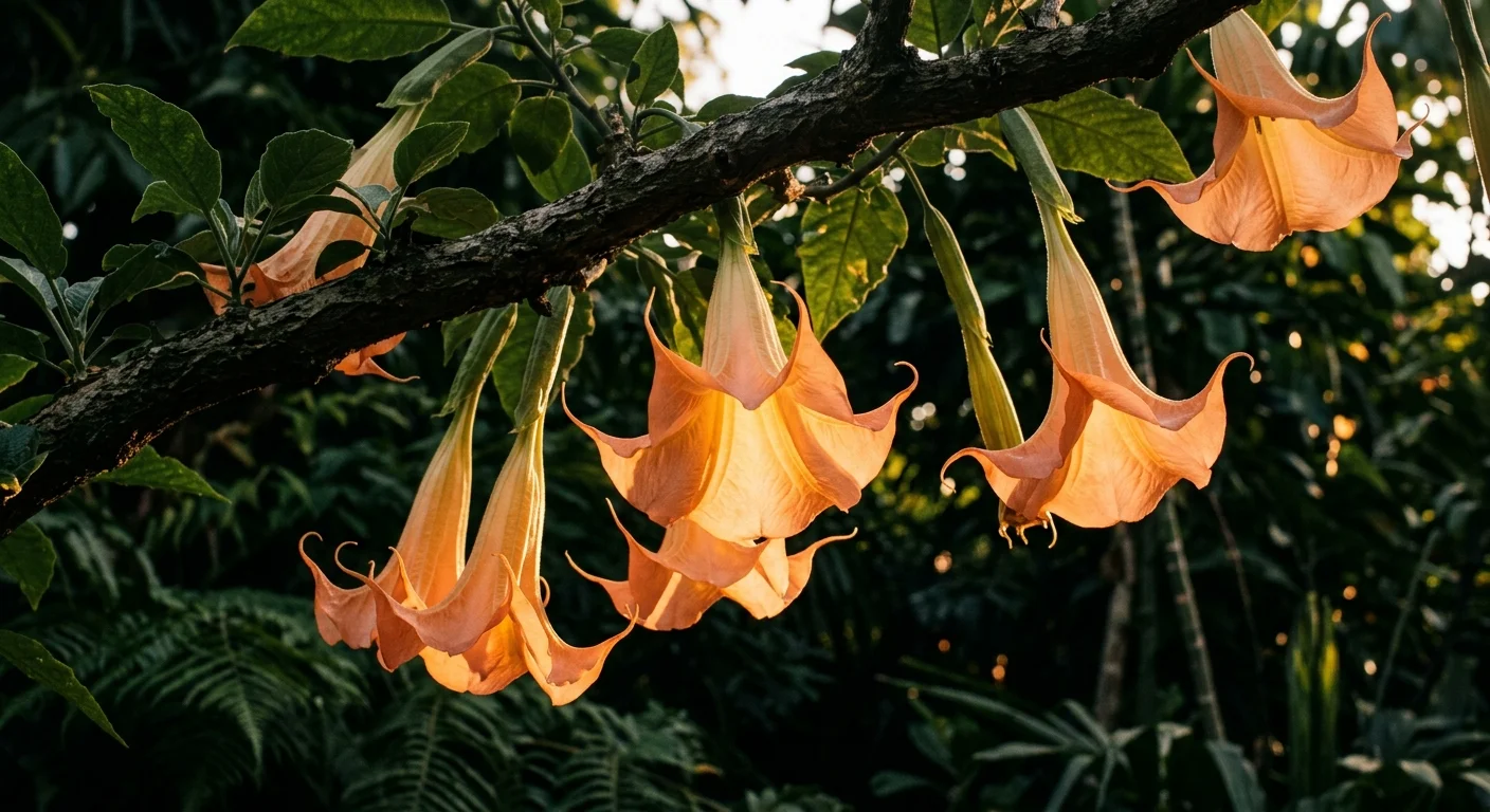 Large, peach-colored trumpet-shaped flowers hanging downwards from a branch, glowing in warm golden-hour backlight.