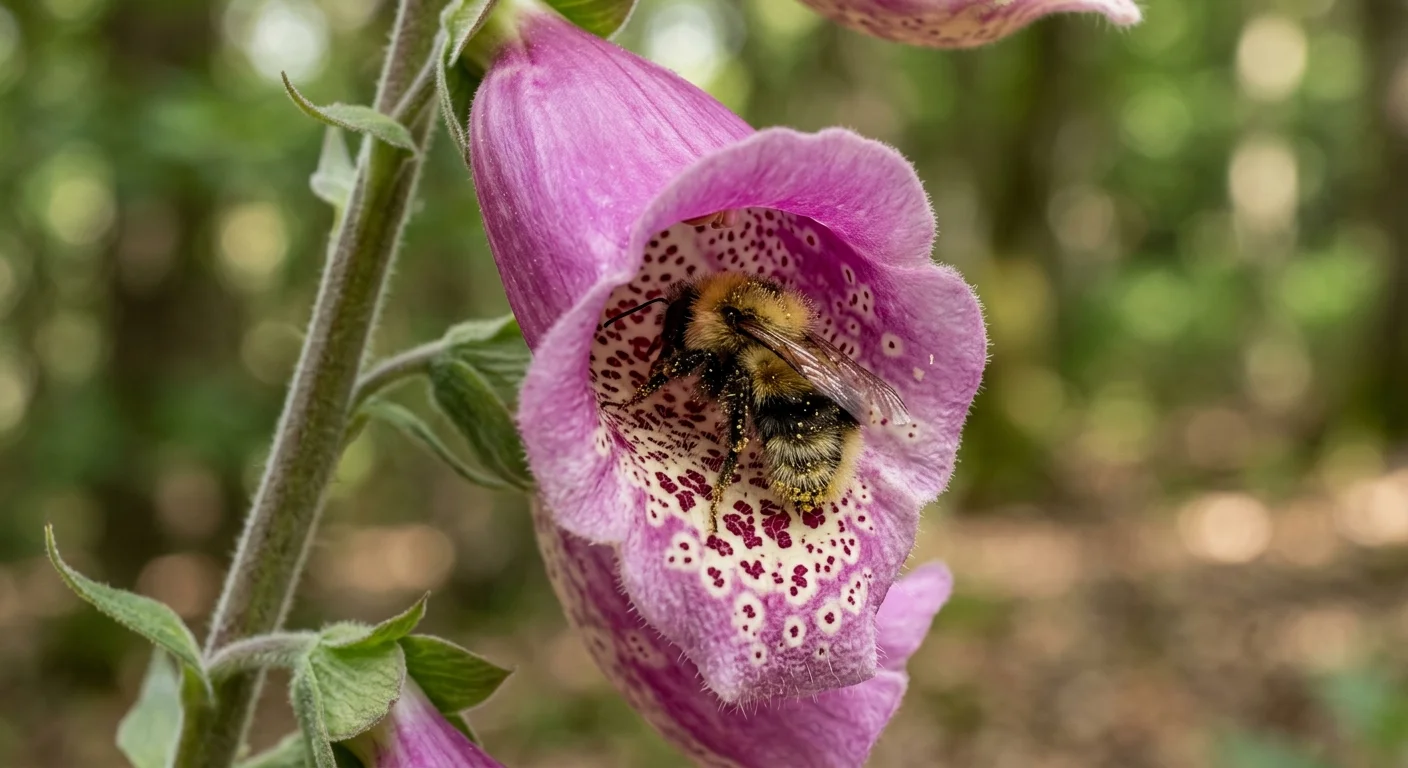 Macro shot looking inside a purple foxglove flower, showing detailed speckling and a bumblebee collecting pollen.