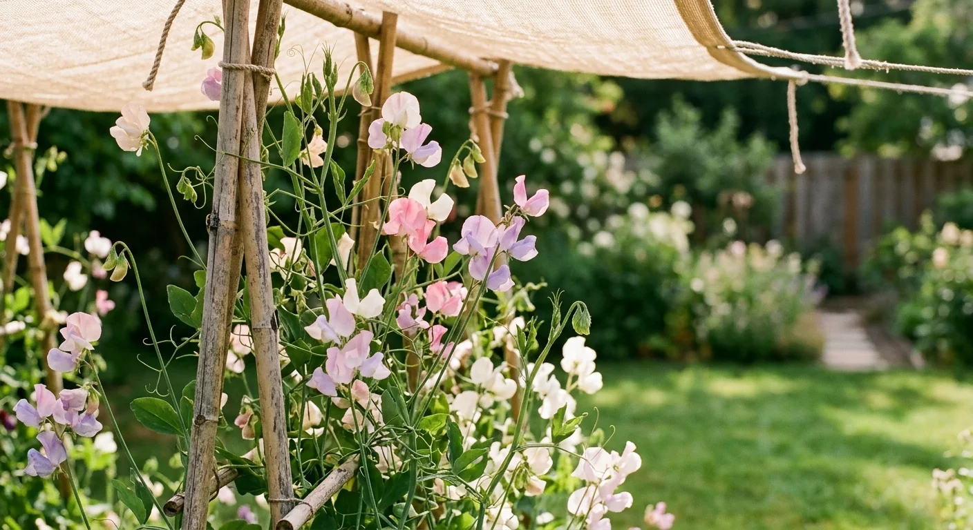 Pastel sweet pea flowers climbing a bamboo trellis under a protective shade cloth in a home garden.
