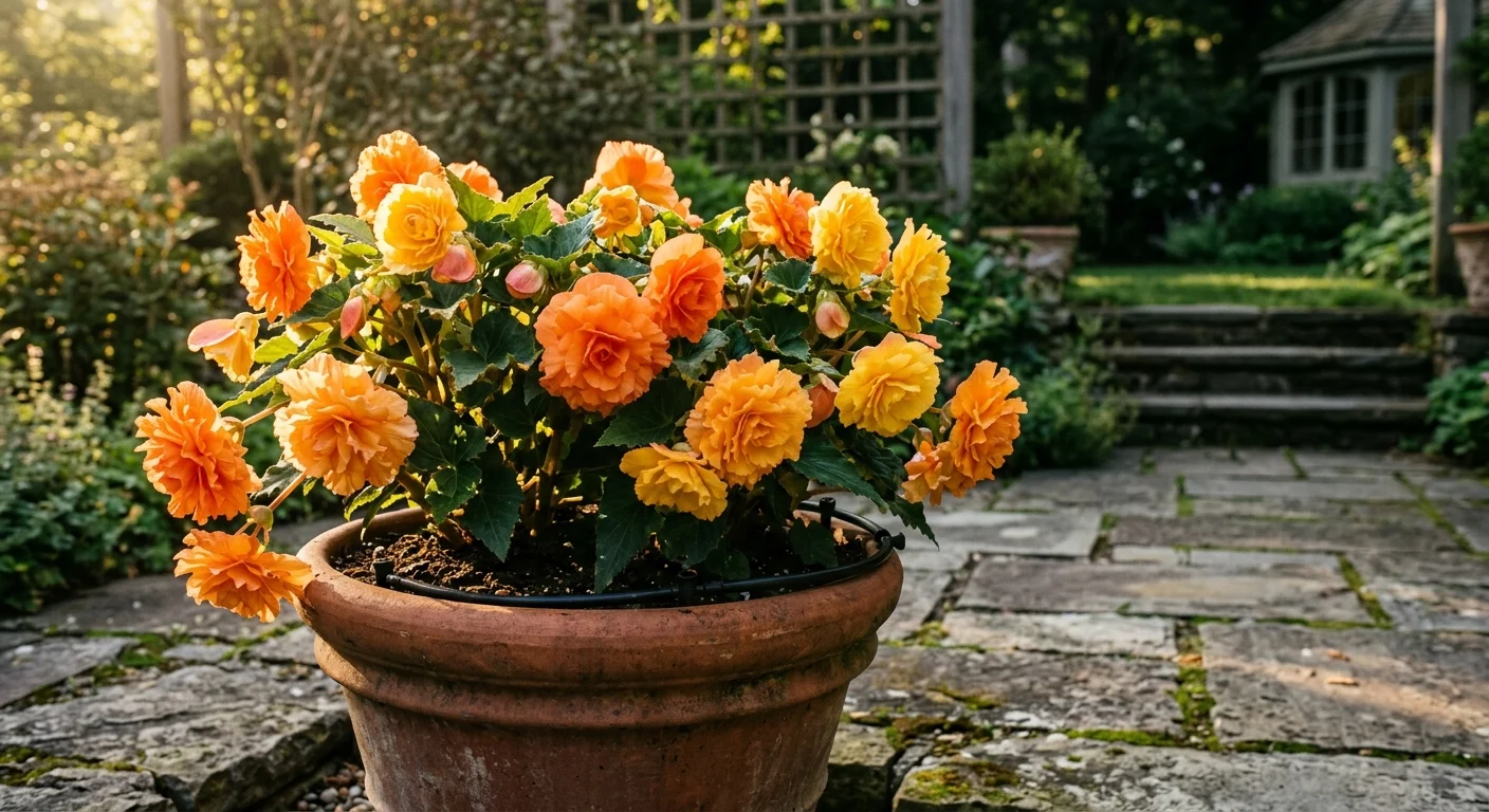 Ruffled orange and yellow tuberous begonias in a terracotta pot on a stone patio in early morning light.