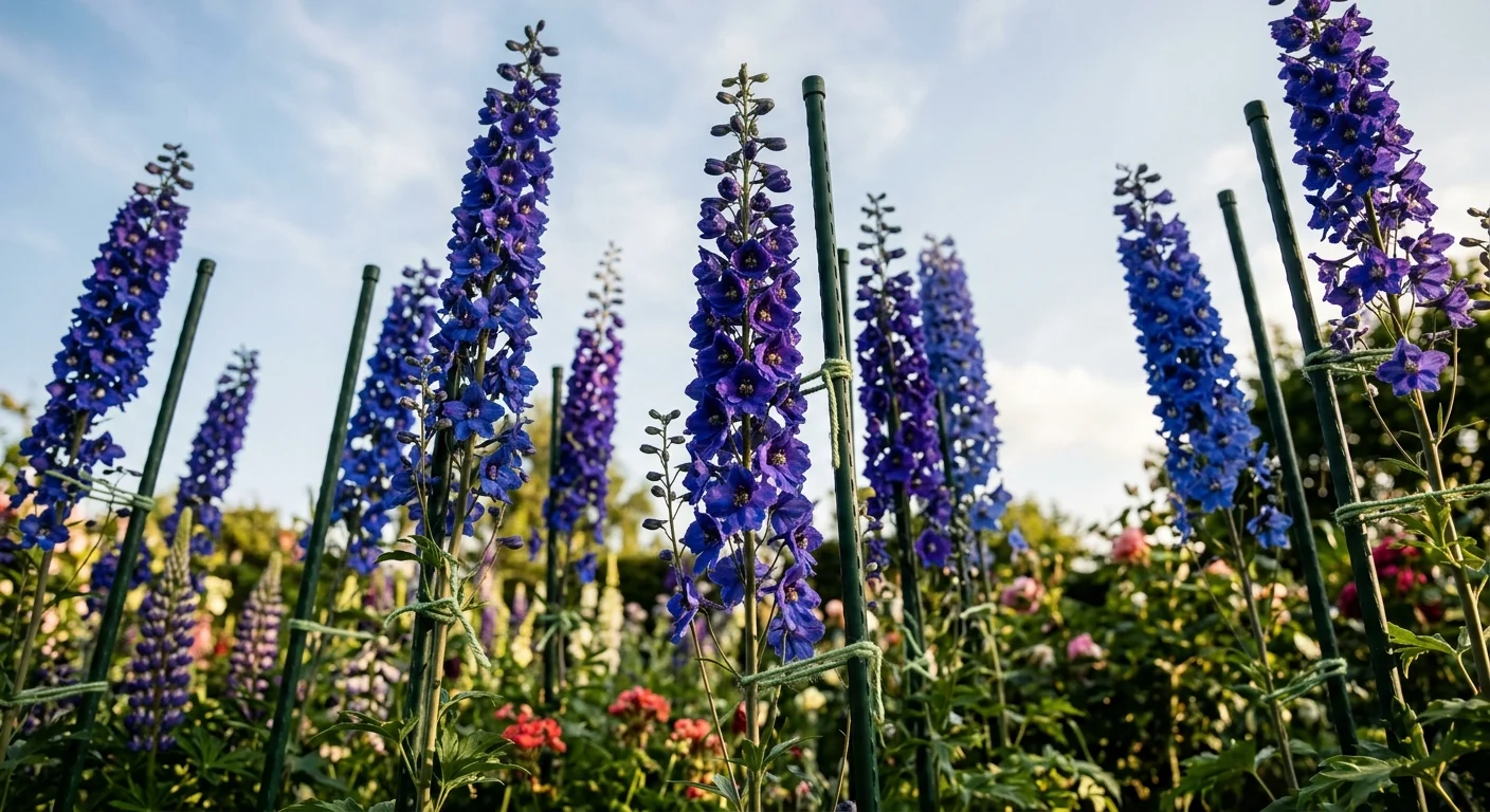 Tall blue and purple delphinium spikes tied securely to green metal garden stakes against a hazy summer sky.