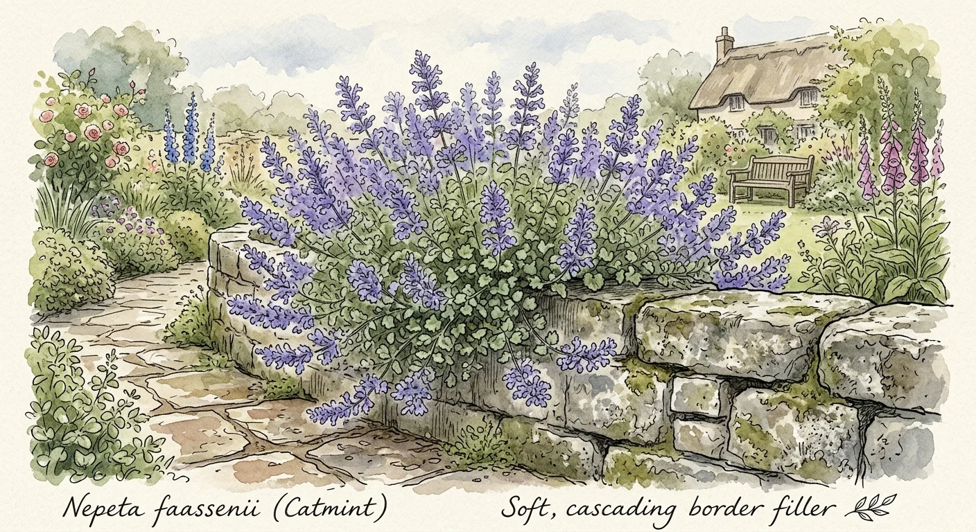 Watercolor and ink drawing of a lavender-blue Catmint mound cascading over a rustic stone garden wall.