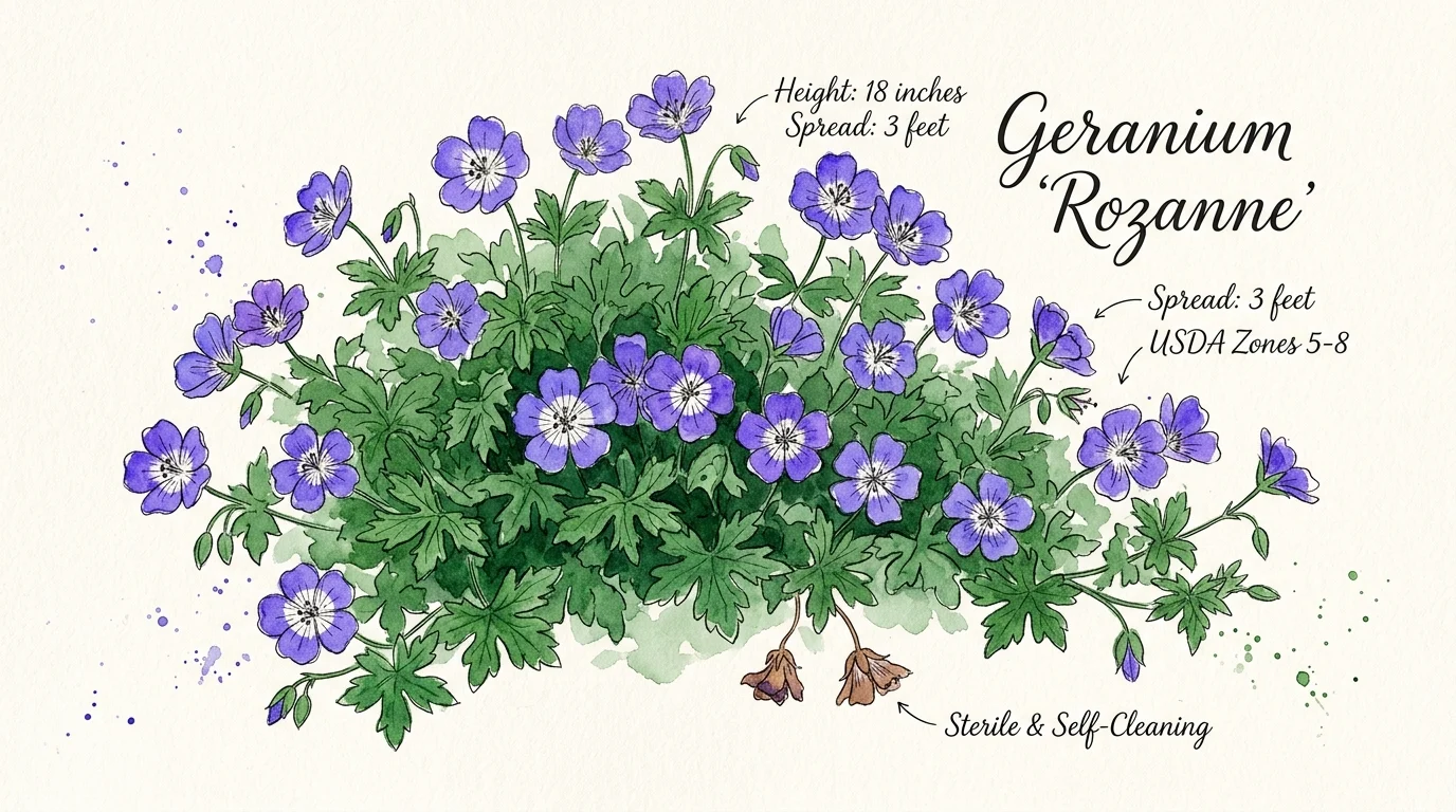 Watercolor and ink illustration of Geranium 'Rozanne' showing its violet-blue flowers with white centers and hand-lettered plant details.