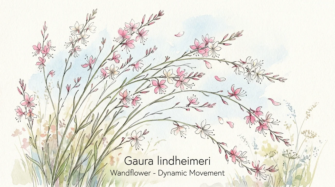 Watercolor illustration of Wandflower showing its delicate white and pink butterfly-like blooms on slender, arching stems.