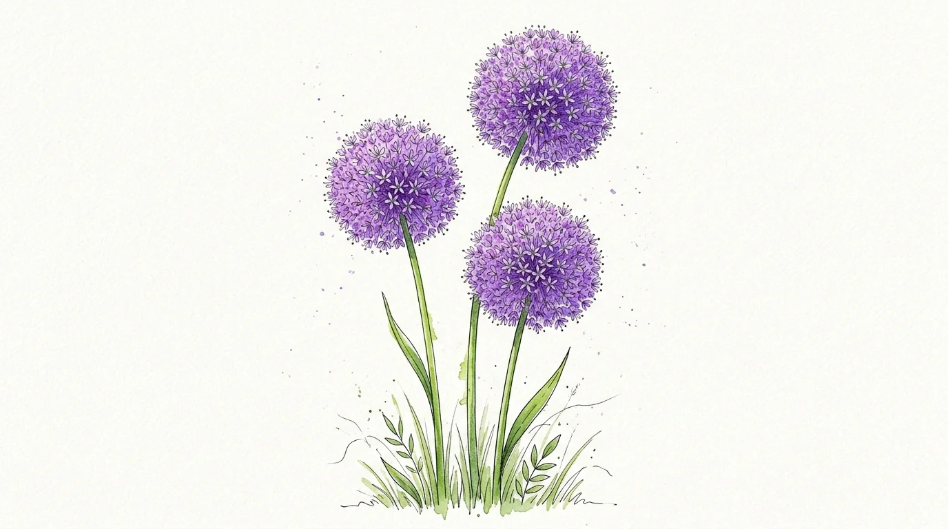 Whimsical watercolor of three spherical purple allium flowers standing tall on slender green stalks.