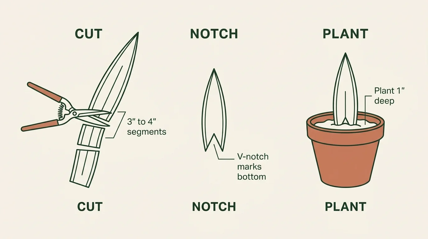 A 3-step diagram showing how to cut a snake plant leaf into segments, add a V-notch, and plant it in soil.