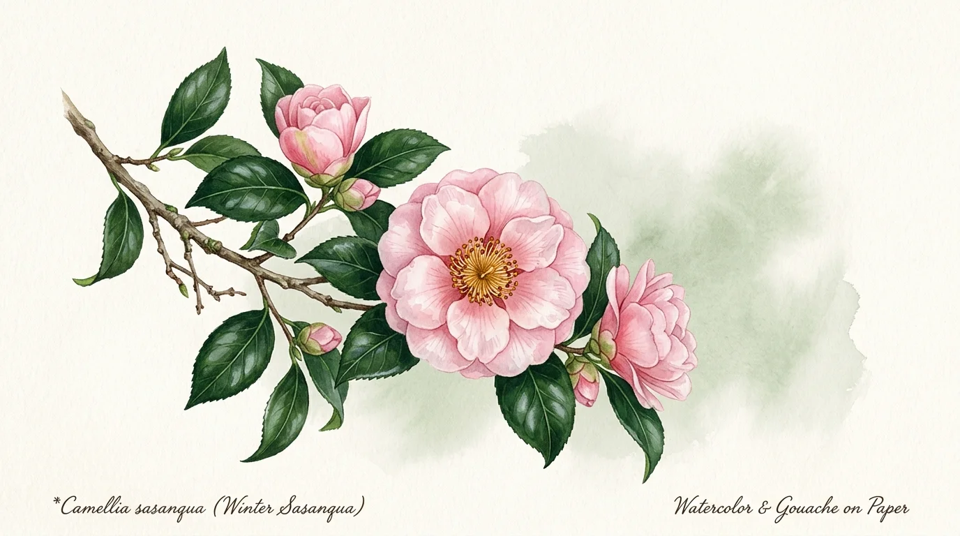 A beautiful botanical watercolor illustration of a pink winter-blooming Camellia branch with glossy green leaves.
