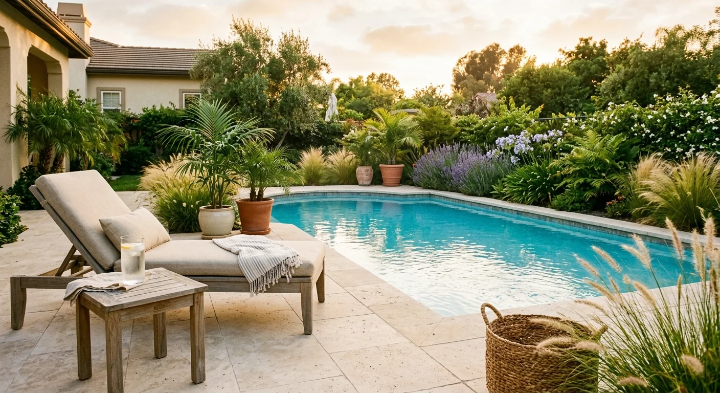 A beautiful, clean backyard swimming pool landscaped with safe potted palms and ornamental grasses in warm evening light.