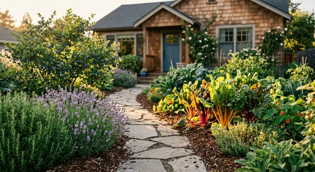 A beautiful front yard garden path lined with colorful edible plants including lavender, rosemary, rainbow chard, and blueberries.
