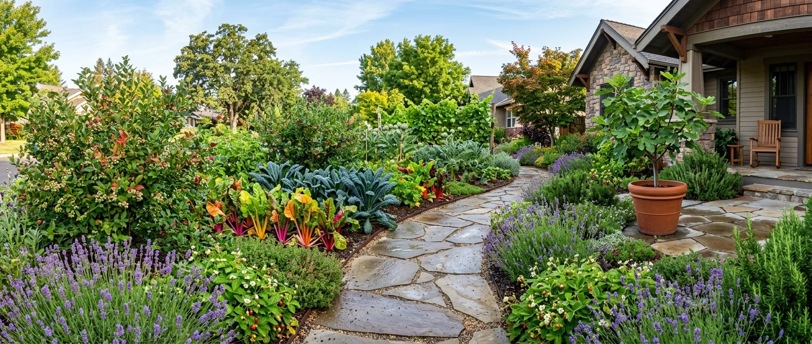 A beautiful, fully realized front yard garden combining lavender, chard, kale, and blueberries along a stone path.