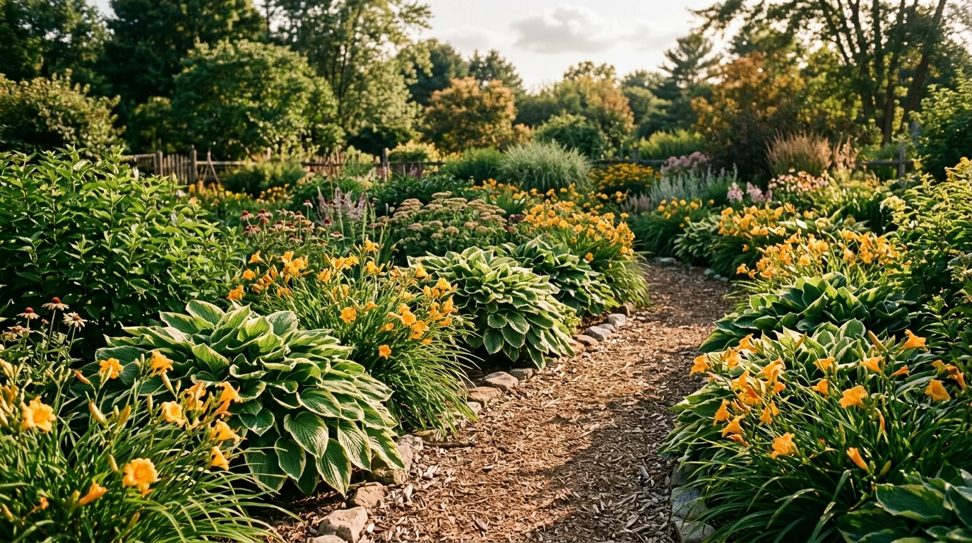 A beautiful garden path lined with lush, repeating drifts of divided hostas and yellow daylilies in warm afternoon sun.