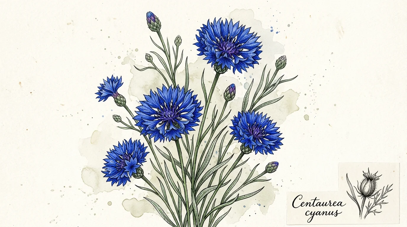 A beautiful gouache illustration of vivid cornflower-blue bachelor's buttons with spiky petals and fine ink details.