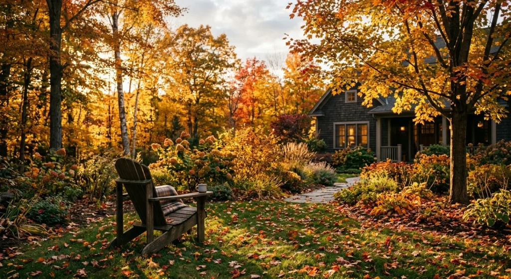A beautiful home backyard filled with vibrant fall trees in shades of gold, amber, and crimson during a warm autumn golden hour.