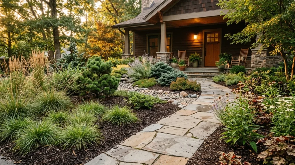 A beautiful low-maintenance front yard featuring native sedge groundcover, decorative gravel, mulch beds, and dwarf shrubs in golden light.