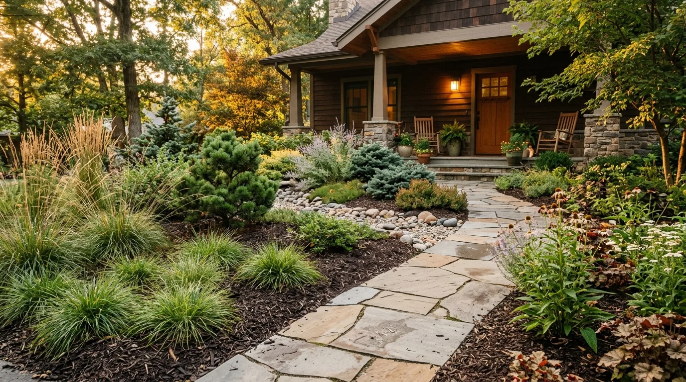 A beautiful low-maintenance front yard featuring native sedge groundcover, decorative gravel, mulch beds, and dwarf shrubs in golden light.