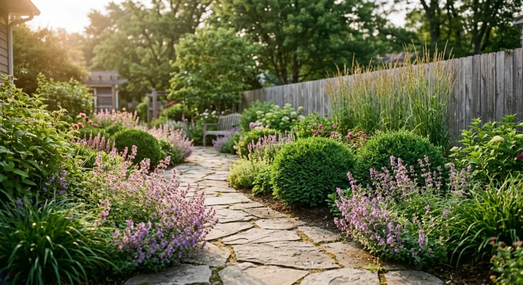 A beautiful residential garden path lined with lush boxwood, purple catmint, and tall ornamental grasses in warm golden afternoon light.