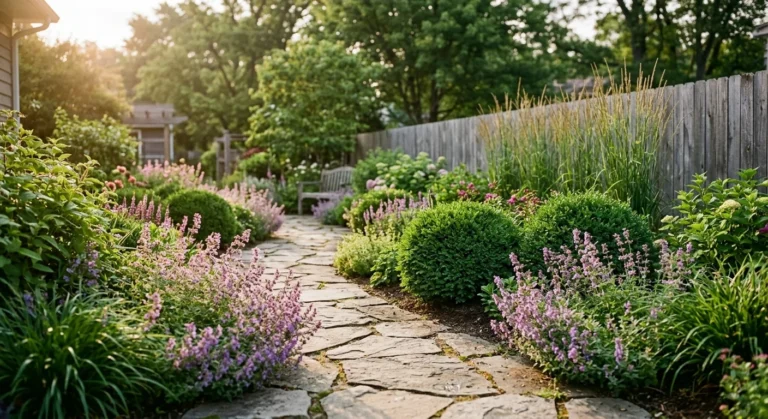A beautiful residential garden path lined with lush boxwood, purple catmint, and tall ornamental grasses in warm golden afternoon light.