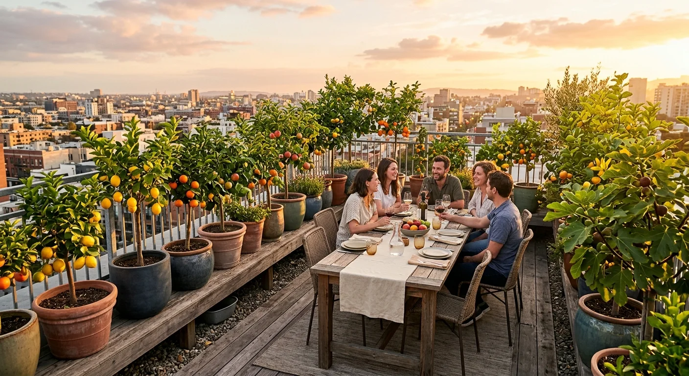 A beautiful urban rooftop patio filled with diverse potted dwarf fruit trees framing an inviting outdoor dining table at sunset.