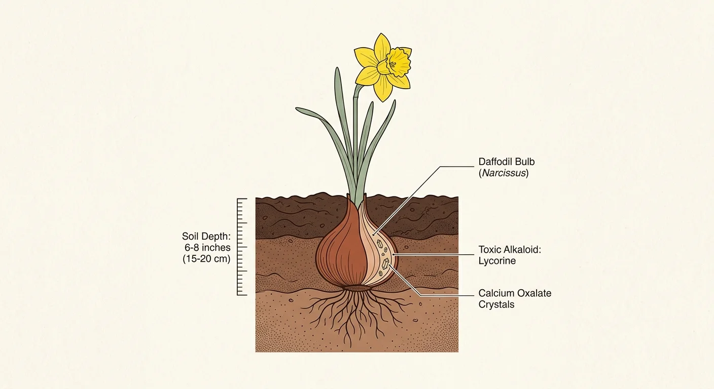 A botanical cross-section diagram showing a daffodil bulb planted 6 to 8 inches deep in labeled soil layers.