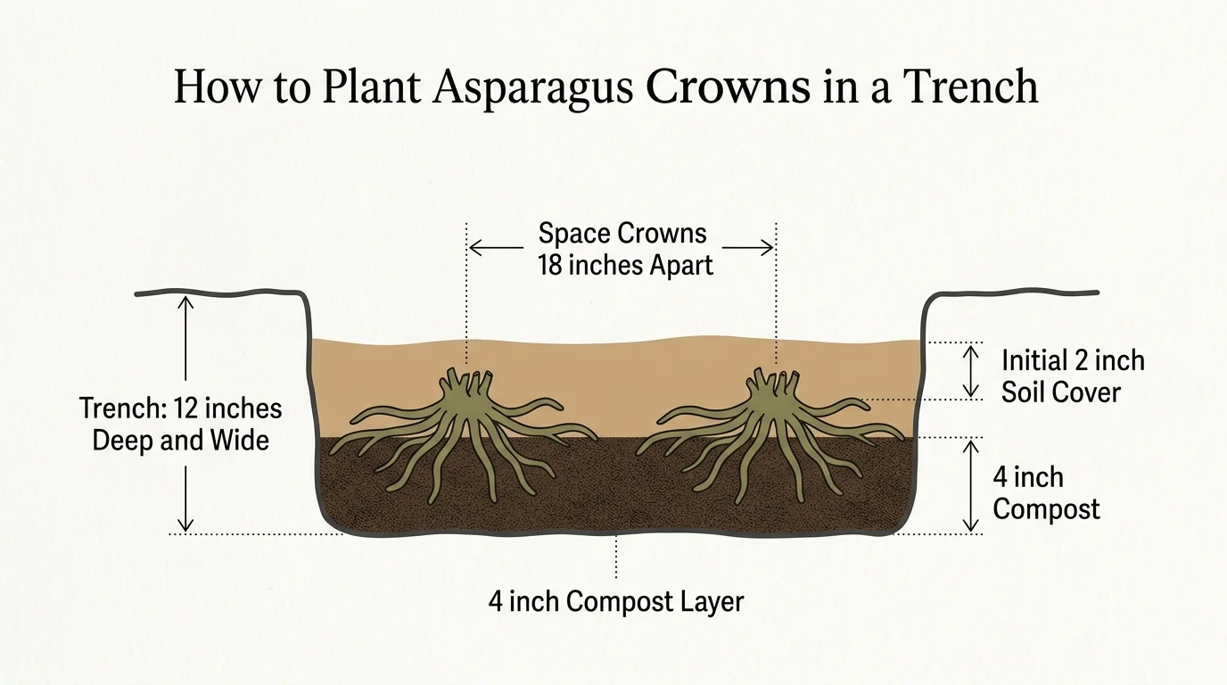A botanical cross-section diagram showing how to plant asparagus crowns in a twelve-inch trench with compost and proper spacing.
