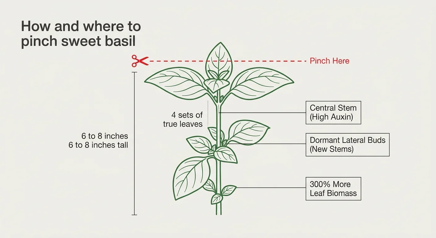 A botanical diagram of a basil seedling showing exactly where to pinch the central stem above a leaf node to trigger double branching.